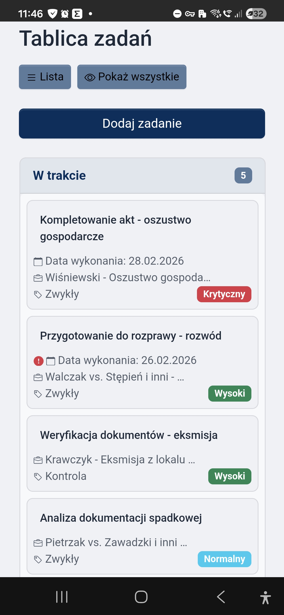 Kanban — widok mobilny